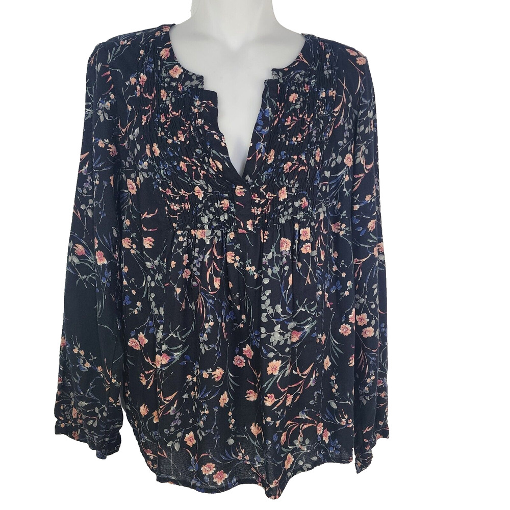 Lucky Brand Top Women Small Black Floral Smocked V Neck Peasant Boho Long Sleeve